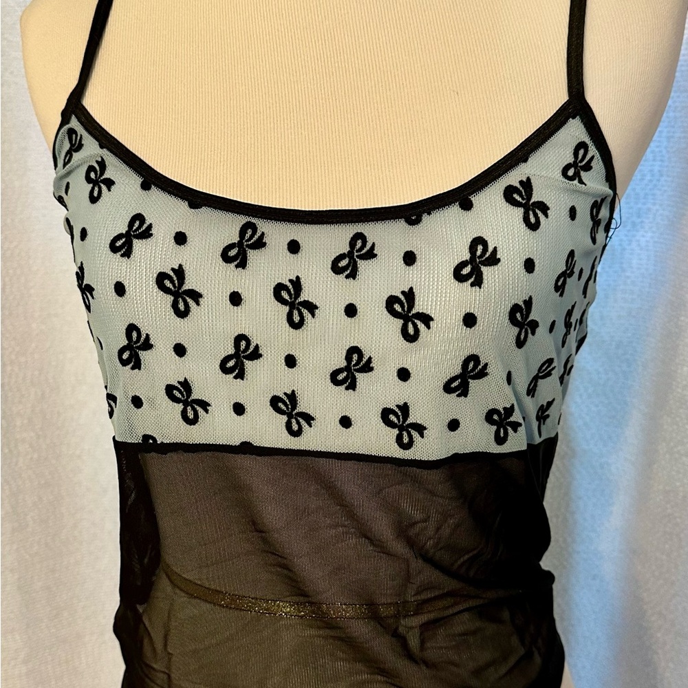 Black and White Bow Patterned Mesh Top